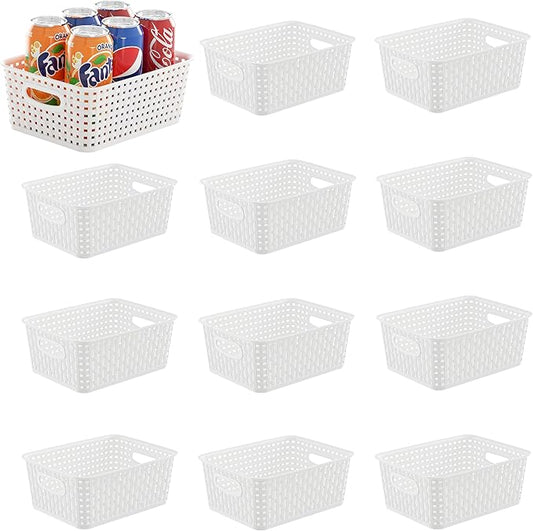 White Plastic Storage Baskets/Bins, 12-Pack Stackable Basket Pantry Organizer, Household Organizers for Bathrooms, Kitchens, Shelves, Classroom, Cabinets, Countertops and Bedrooms