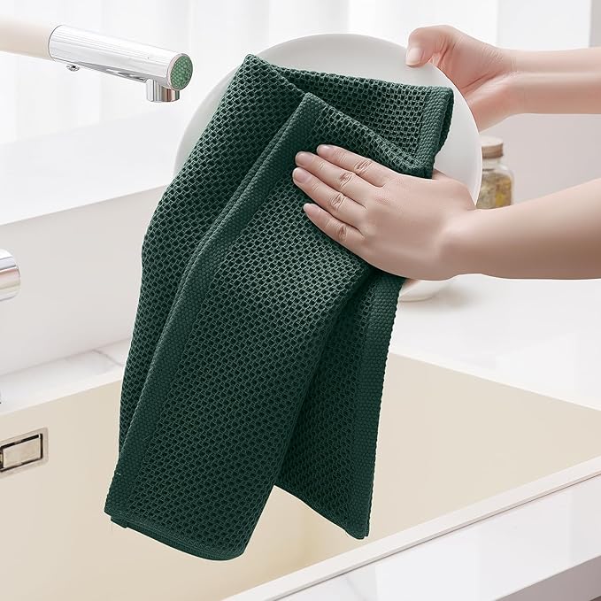 Homaxy 100% Cotton Waffle Weave Kitchen Dish Towels, Ultra Soft Absorbent Quick Drying Cleaning Towel, 20x28 Inches, 4-Pack, Blackish Green