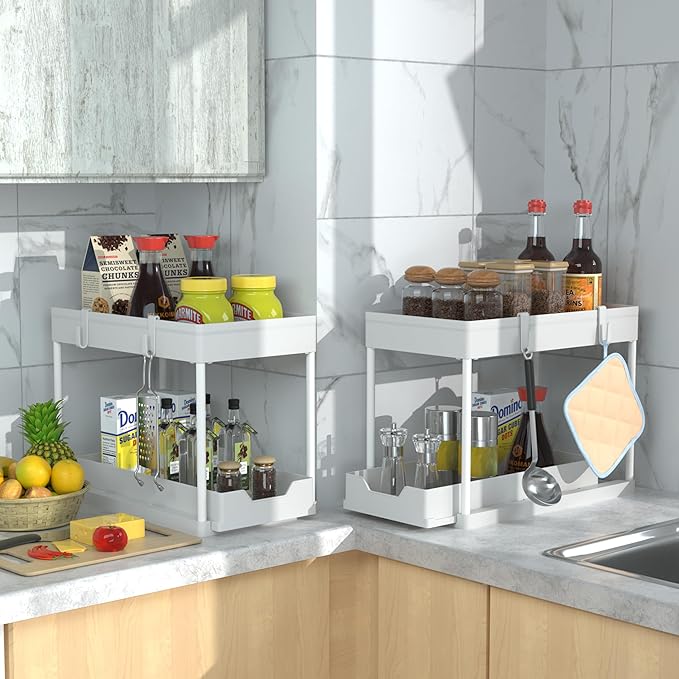 Cabinet, 2 Pack Under Sink Organizer, 2 Tier Sliding Bathroom Kitchen Organizer