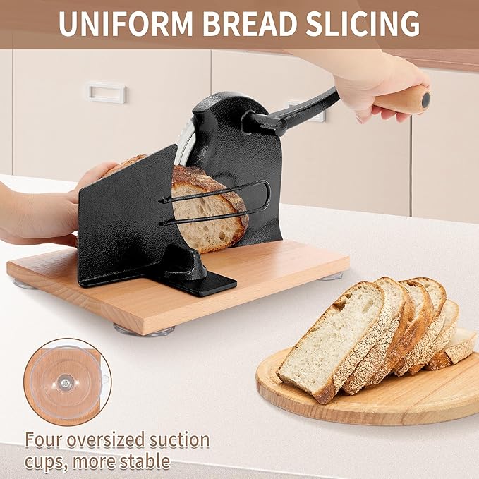 CAWIU Manual Bread Slicer with Hand Crank- Adjustable Thickness Bread Cutter for Even Slices, Perfect for Homemade Sourdough, Sandwich, and More, Black
