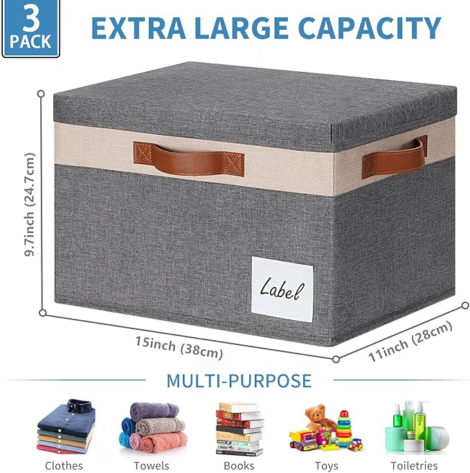 Fabric Storage Bins with Lids 3 Pack, Beige, 15" x 11" x 9.7"
