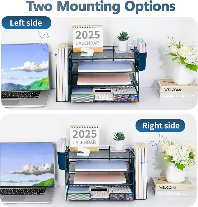 OPNICE Desk Organizer, 4-Tier Desktop File Organizer with Drawer and 2 Pen Holders, Office Desk Accessories, File Sorters