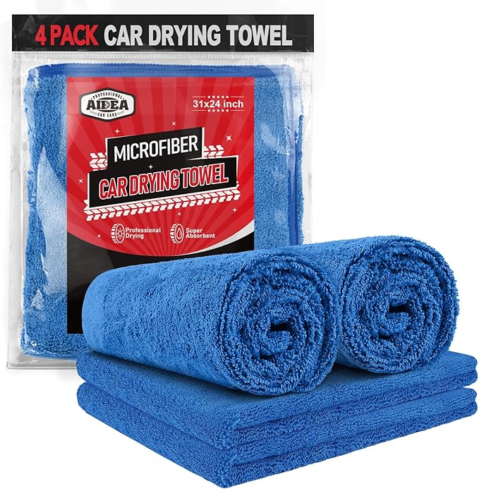 AIDEA Microfiber Towels for Cars-4PK, Large Professional Car Drying Towel, Scratch-Free & Absorbent Drying Towel for Cars, SUVs, RVs, Trucks, and Boats, 24inx 31in, Blue