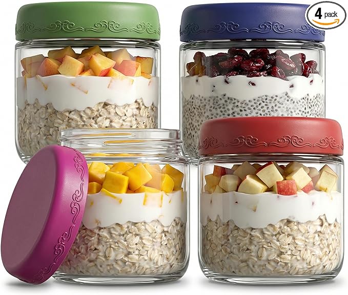 10 OZ 4Pack, Overnight Oats Jars with Lids, Glass Meal Prep Containers, Airtight Mason Jars for Breakfast, Yogurt Parfait, Salad & Smoothies