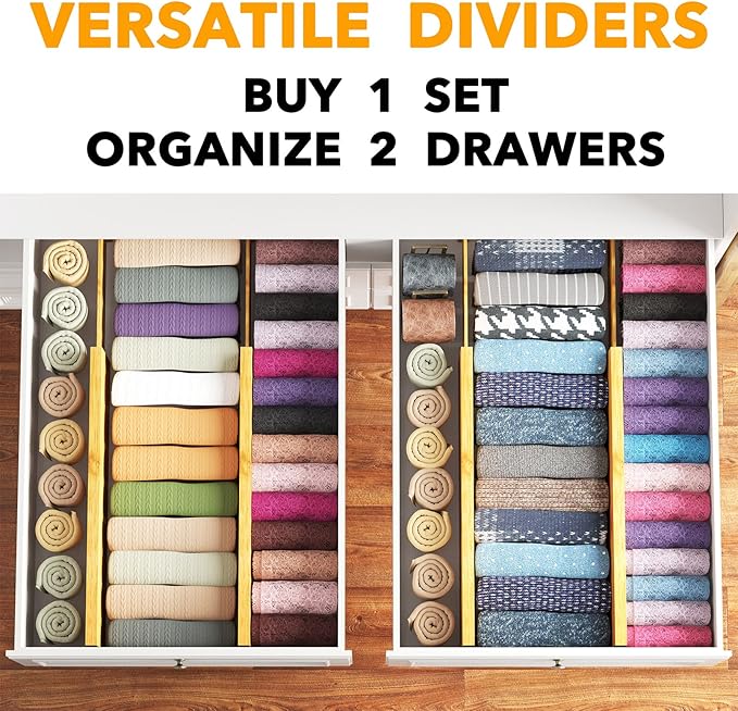 SpaceAid Bamboo 4 Pack Dresser Drawer Dividers, 4.65“ High Adjustable 17“-22” Drawer Organizers, Expandable Organization for Clothing, Clothes