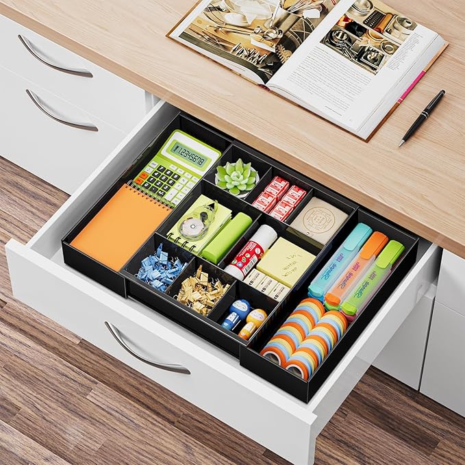 Marbrasse Expandable Desk Drawer Organizer, Clear Plastic Drawer Organizer Tray with 10 Adjustable Compartments, Desk Organizers and Accessories