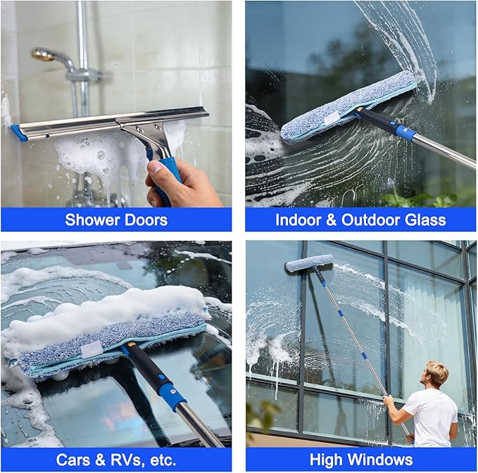 Window Cleaning Kit with 6ft Long Handle, 3 Gallon Bucket,14" Squeegee,15" Microfiber Scrubber,Spray Bottle, Cloth