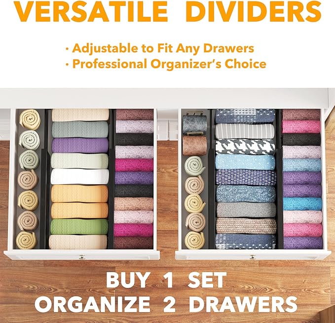SpaceAid Bamboo 4 Pack Dresser Drawer Dividers, 4.65“ High Adjustable 12.5“-17” Drawer Organizers, Expandable Organization for Clothing, Clothes