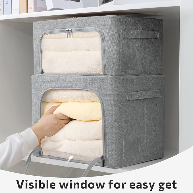 2 Pack Clear Window Storage Bins Stackable Linen Fabric Storage for Clothes