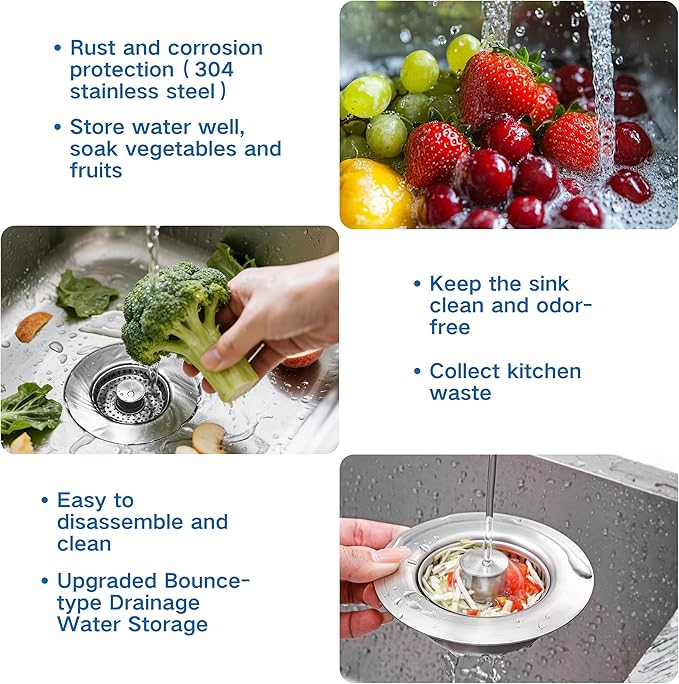 3-in-1 Kitchen Sink Drain Strainer Stopper, Pop Up Kitchen Sink Stopper, Stainless Steel Universal Kitchen Drain Strainer with Food Catcher Basket