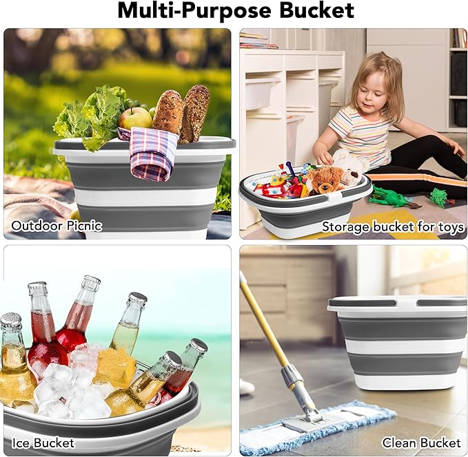 Large Collapsible Mop Bucket, 16L(4.2 Gallon) Plastic Bucket for House Cleaning, Car Washing, Silicone Cleaning Supplier Organizer, Portable Basket with Handle for Laundry Storage, RV Camping, Fishing