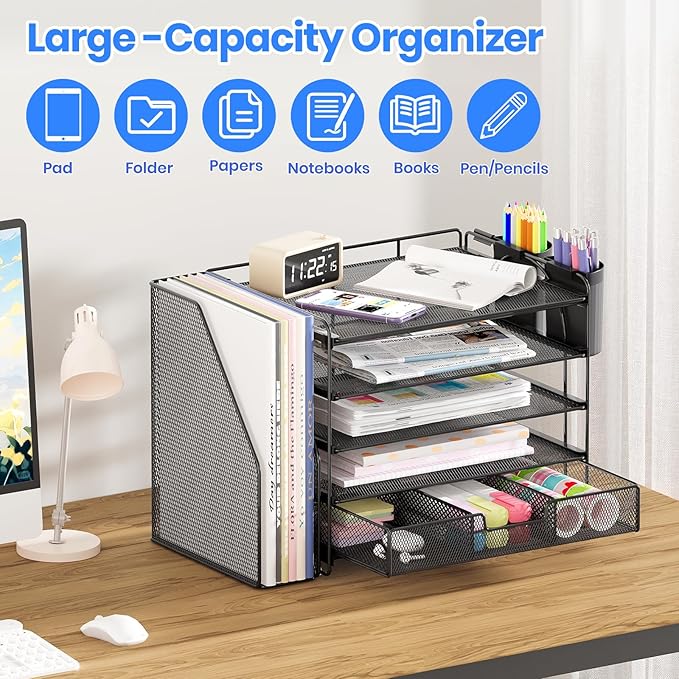 Desk Organizer, 5-Tier Paper File Organizer with Drawer & Pen Holder, Black