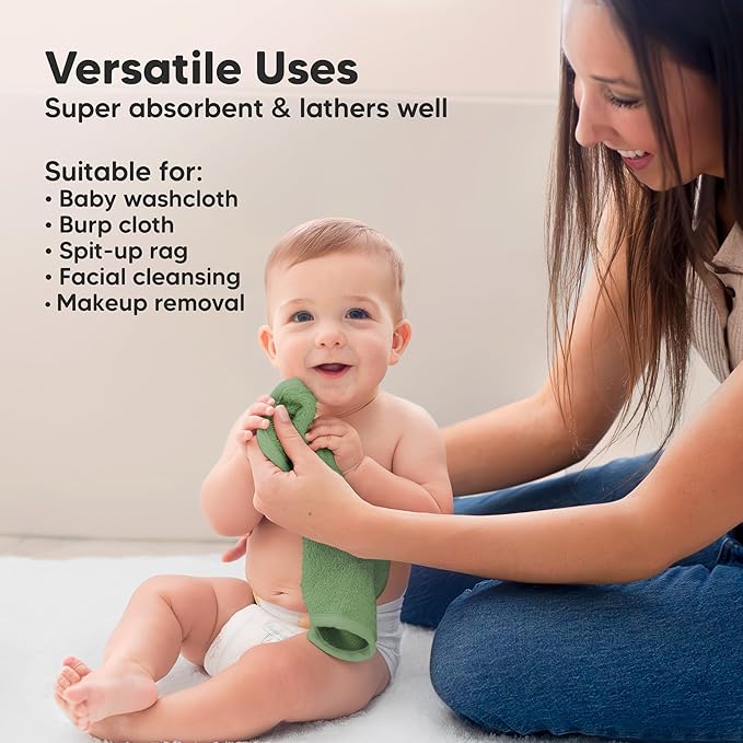 6-Pack Baby Washcloths – Soft Absorbent Viscose from Bamboo Washcloths for Face, Body, Baby Towels for Newborn, Kids, Toddlers,Infant,Gentle on Sensitive Skin,10x10 Reusable Face Towels(Meadow Green)