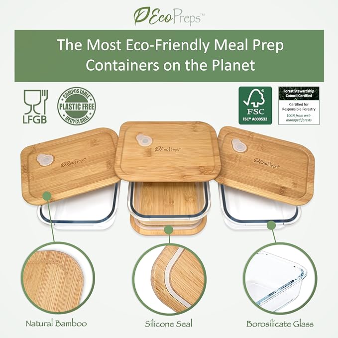 EcoPreps Glass Meal Prep Containers with Bamboo Lids (3 Pack) - 100% Plastic Free, Eco-Friendly Lunch Containers, Bamboo Lid Storage Container Set