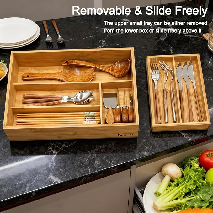 2-Tier Drawer Organizer with Removable Cutlery Tray Kitchen Utensil Silverware Drawer Organizer, Silverware Tray for Drawer Utensil Holder Bamboo Flatware Box for Utensils Stationery Cosmetics (M)
