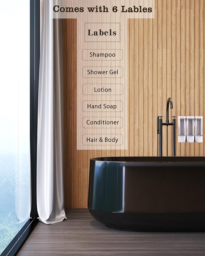RANKADO Luxury Shower Soap Dispenser Bathroom with Tray,Drill Free Shampoo and Conditioner Dispenser with Mounting Tapes,Shower Soap Dispenser with Labels,Shampoo Dispenser for Shower Wall