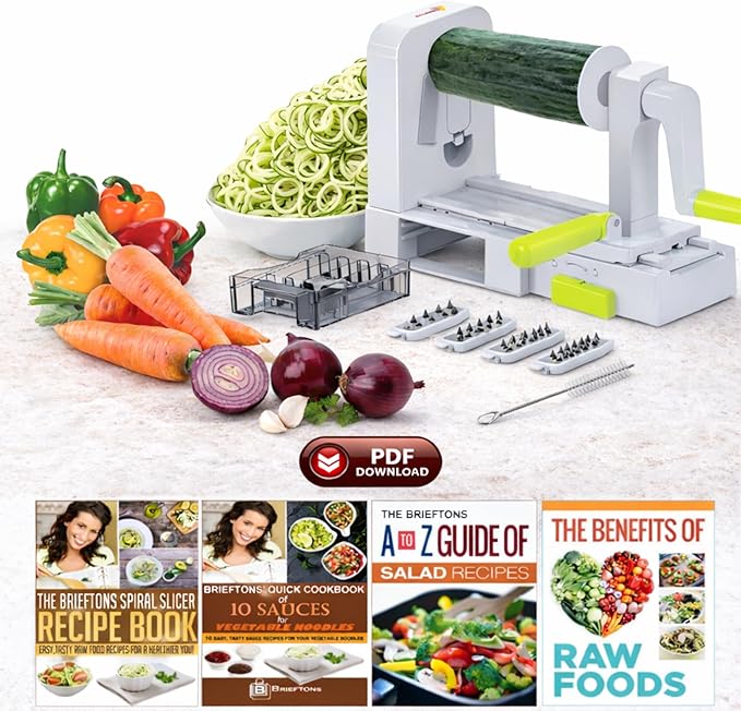 Brieftons QuickFold 5-Blade Spiralizer: Versatile & Compact Foldable Vegetable Spiral Slicer, Best Veggie Pasta Spaghetti Maker for Low Carb/Paleo/Gluten-Free with Brush & 4 Recipe Ebooks