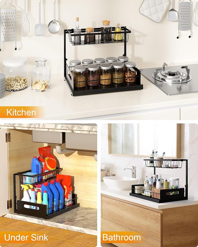 Metal Under Sink Organizer and Storage, 2 Tier Under Sink Organizer