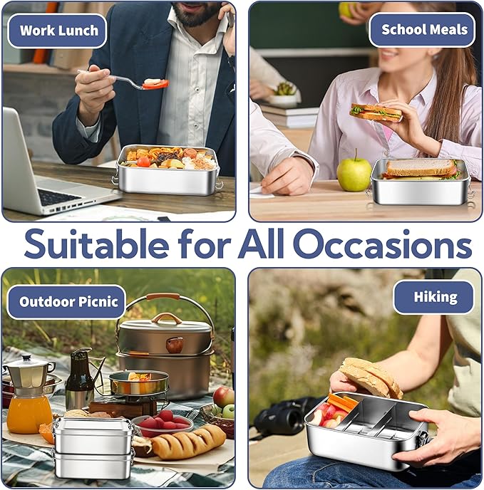 E-far 2 Pieces Stainless Steel Bento Box, Large 1400ml Metal Lunch Box, 49oz Leak-Proof Food Snack Container with Lids and 2 Removable Dividers