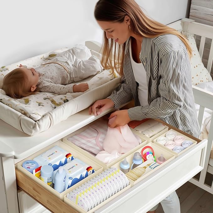DIMJ Drawer Organizer Clothes, 12 Pack Dresser Organizer, Foldable Closet Organizers and Storage, Fabric Dresser Bins, Drawer Dividers for Nursery, Baby Clothes, Underwears, Sock (Beige)