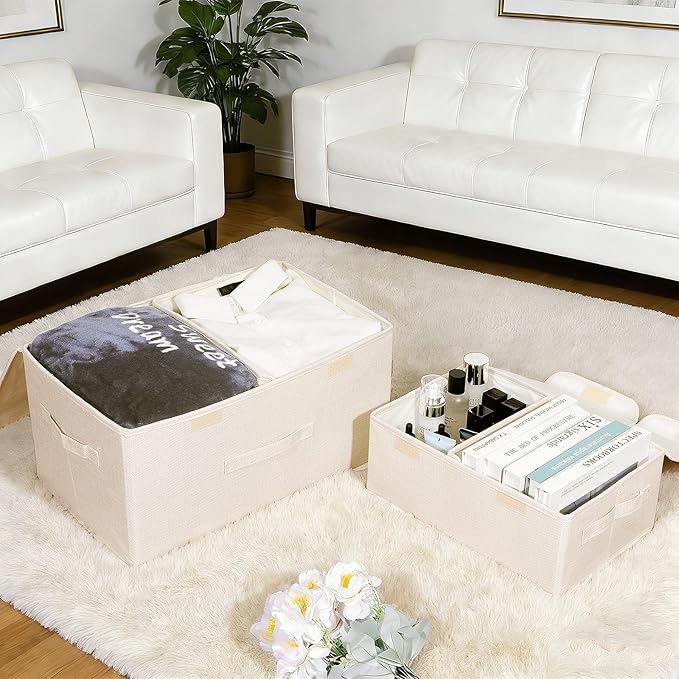 2 Pack Large Storage Boxes with Lids and Handles, Cream, Small