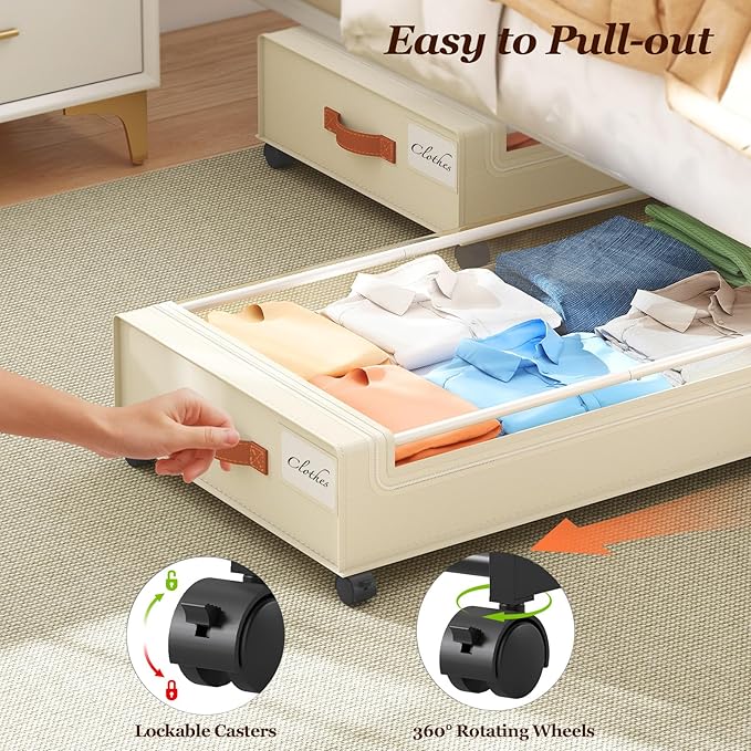 Under Bed Storage with Wheels 2 Pack, Beige