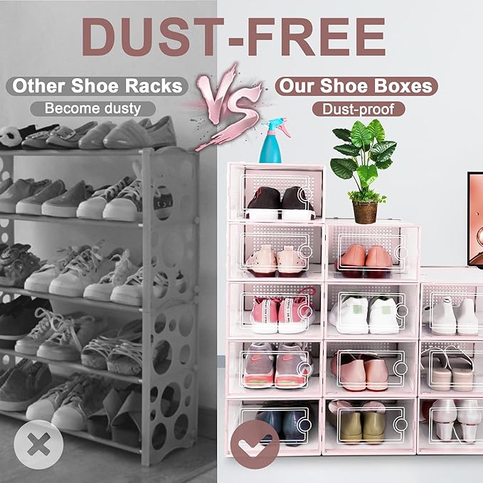 Kuject Shoe Organizers Storage Boxes for Closet, 12 Pack Clear Plastic Stackable Storage Bins with Lids, Under Bed Shoe Containers for Entryway, Drop Front, Fit up to Women's Size 10,Pink