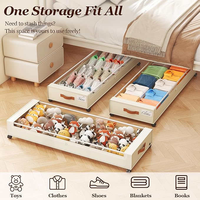 Under Bed Storage with Wheels 2 Pack, Beige