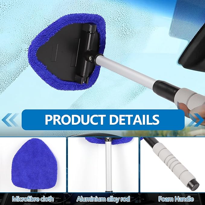 wuyaoyao Car Windshield Cleaning Tool, Car Windshield Window Cleaner, Auto Window Glass Cleaning Kit with Extendable Handle & Reusable Microfiber Pad & Spray Bottle, Universal Car Accessories (Blue)