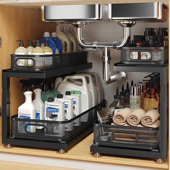 2-Pack 21.3 IN Depth Under Sink Organizer With Next-Gen Ball-Bearing Slides,Sophisticated Mesh 2-Tier Pull Out Shelf for Kitchen & Bathroom,Fits Small Items-Black