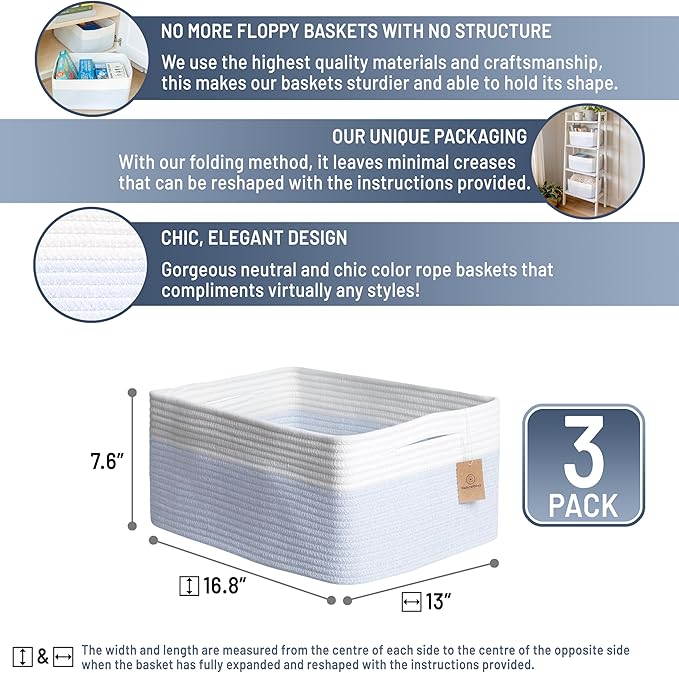 NaturalCozy Storage Baskets 16.8”x13”x7.6” Cotton Rope Woven Baskets for Organizing 3-Pack | Toy Storage Bins | Basket for Shelves, Laundry, Blanket