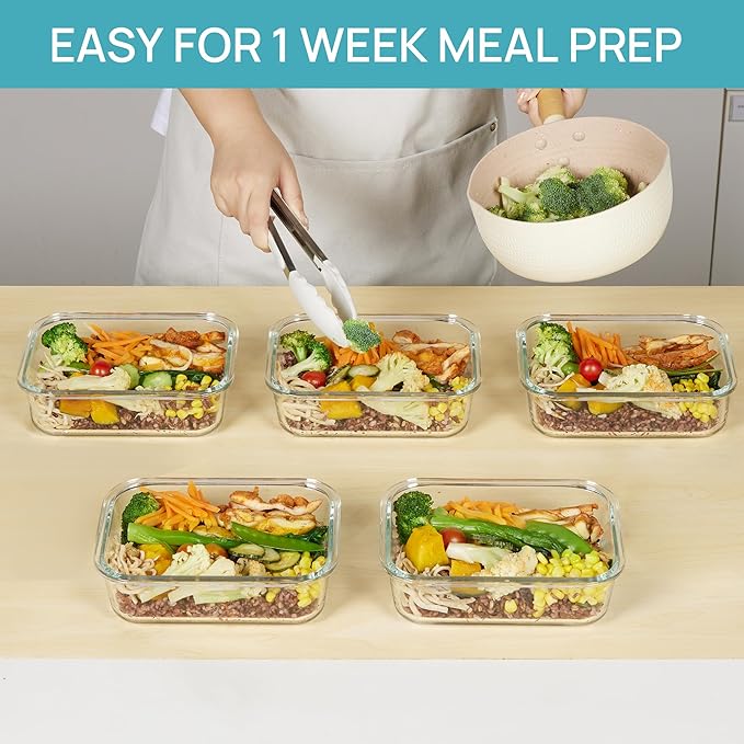Vtopmart 5 Pack 35oz Glass Food Storage Containers with Lids, Meal Prep Containers, Airtight Reusable Lunch Container Set, Safe for Oven, Microwave