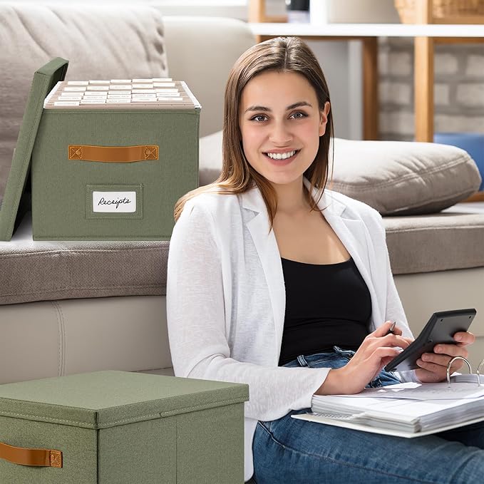 ZICOTO Decorative File Organizer Box Set of 2 - Collapsible Linen Filing Cabinets w/Handles Are Perfect to Store all Your Documents & Hanging File