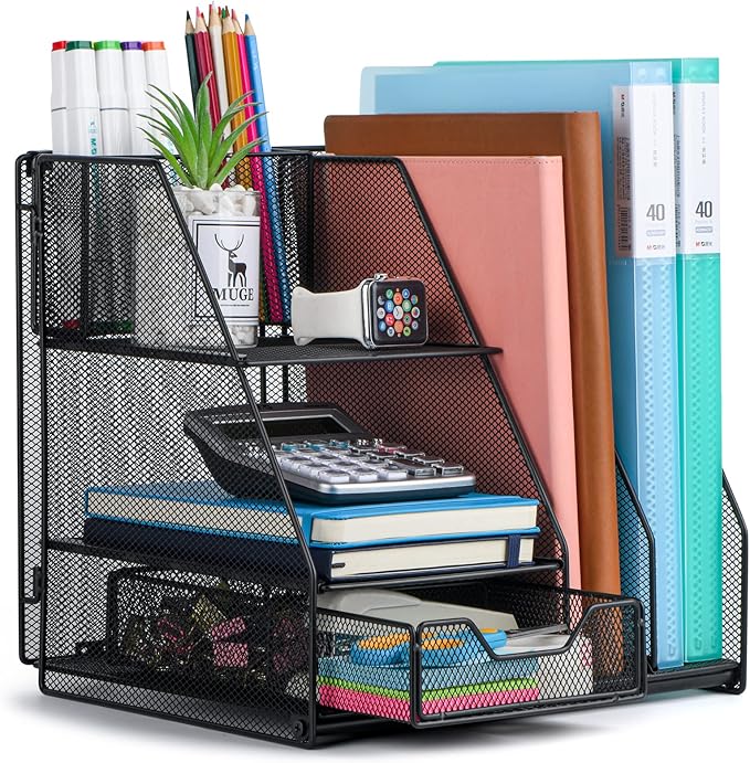Topwey Desk Organizer, File Organizer for Desk with 2-Tier Paper Letter Tray, Drawer and 2 Pen Holder, Mesh Desktop Organization with Magazine Holder for Office Supplies