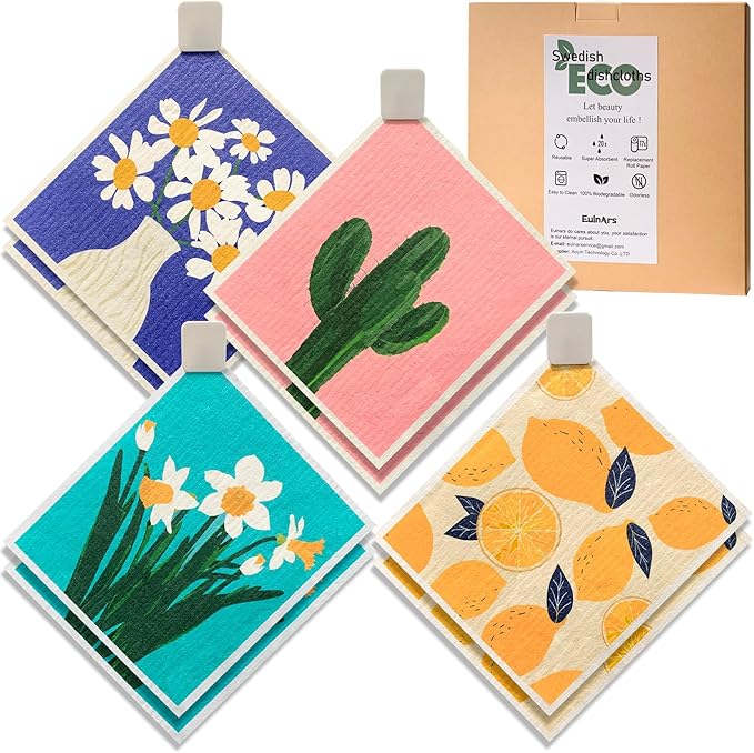 Eulnars Swedish Dishcloths for Kitchen, 8 Pack Reusable Paper Towels with Clips, Non-Scratch Swedish Dish Towels, Super Absorbent Cellulose Sponge Cloths, Assorted