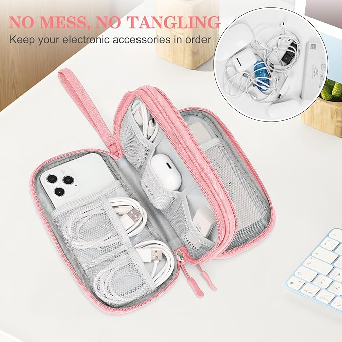 FYY Electronic Organizer, Travel Bag, Pouch, Carry Case Portable Waterproof Double Layers for Cable, Cord, Charger, Phone, Earphone Pink