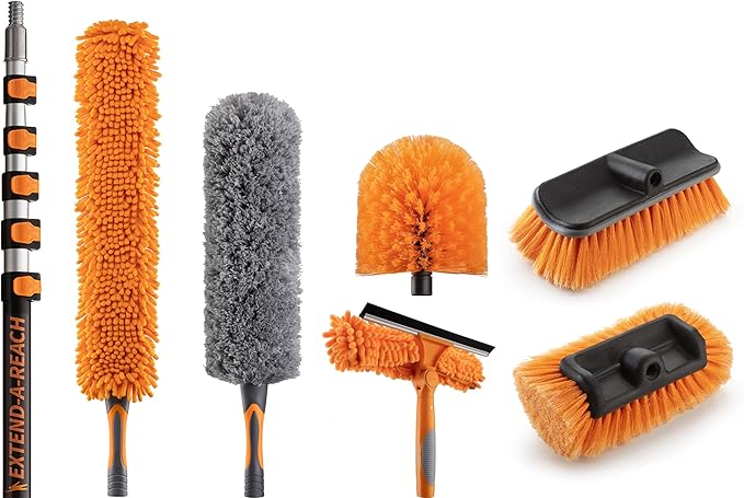 High Reach Duster Kit - 30ft Telescoping Pole + Brushes (5-24ft) - Cleaning & Washing