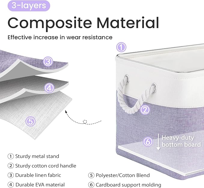 Large Storage Baskets- 15x11x10 inch Storage Bins for Shelves and Closet Organizing, Foldable Fabric Bin for Home Organization Clothes and Laundry (6-Pack, White&Purple)