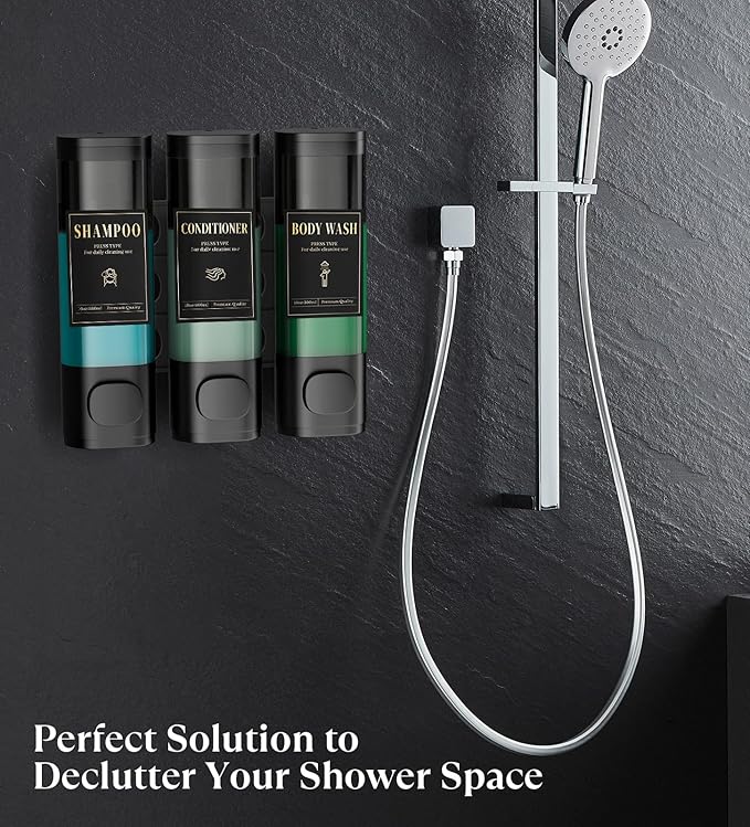Luxspire Shampoo and Conditioner Dispenser, No Drill Wall Mounted Shower Soap Dispenser 3 Chamber with Waterproof Labels, Easy Refill Soap Dispenser for Bathroom Hotel Kitchen, Black