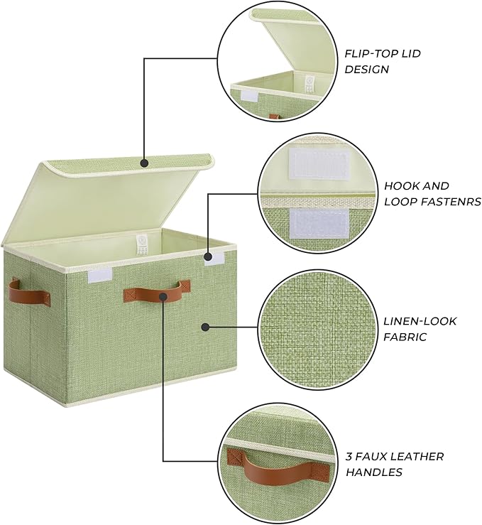 GRANNY SAYS Fabric Storage Bins with Lids, Decorative Storage Boxes with PU Handles, Keepsake Memory box, Shelf Baskets for Closet, Sage Green/White, Large, 2-Pack