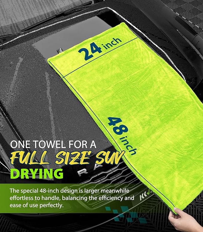KKV Full-Sized SUV Drying Towel, 48”x24” Dual Sided Microfiber Car Cleaning Towel with Twisting Yarn Technique, 1400GSM Super Absorbent, Scratch-Free, Machine Washable (Darkgray-GreenYellow)