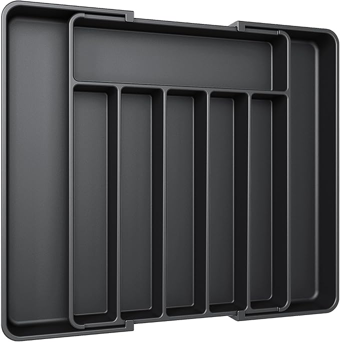 Aujen Silverware Organizer - Expandable Kitchen Drawer Organizer, Adjustable Utensil Organizer, Cutlery Tray for Forks, Knives, Multipurpose Kitchen Organizers and Storage Solution, Black, Large