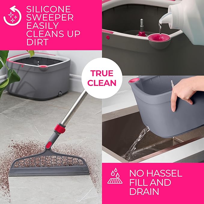 True & Tidy True Clean Spin Mop & Bucket System – Dual Compartment Design for Clean & Dirty Water, 360° Swivel Mop Head, Built-in Scrubbing Brush, Stainless Steel Handle & 2 Reusable Microfiber Pads