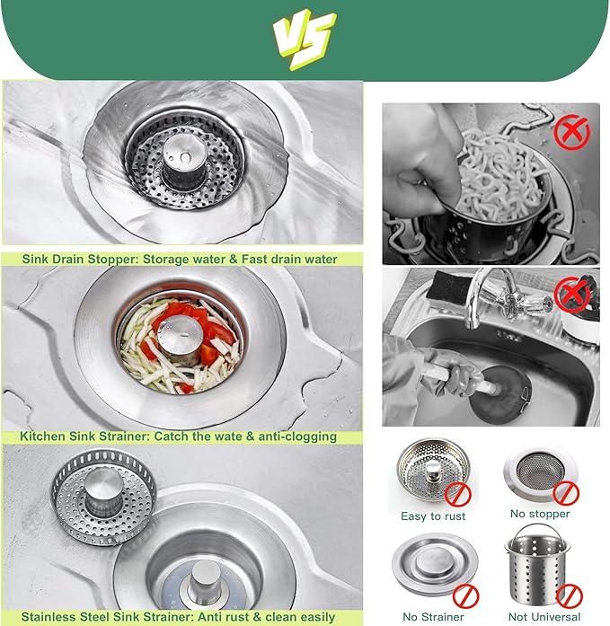 Kitchen Sink Drain Strainer 3 in 1, 304 Stainless Steel Pop Up Sink Stopper, Anti-Clogging Sink Stopper, Kitchen Drain Catcher