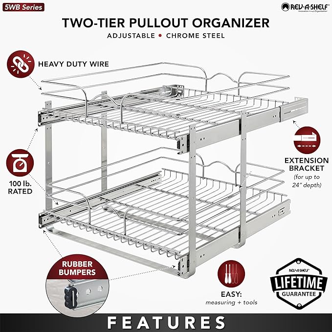 Rev-A-Shelf 2 Tier Kitchen Cabinet Pullout Shelf and Drawer Organizer Slide Out Pantry Storage Basket in Multiple Sizes, 21 x 22 In, 5WB2-2122CR-1