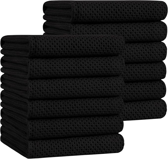 Homaxy 100% Cotton Waffle Weave Kitchen Dish Towels, Ultra Soft Absorbent Quick Drying Cleaning Towel, 20x28 Inches, 12-Pack, Black