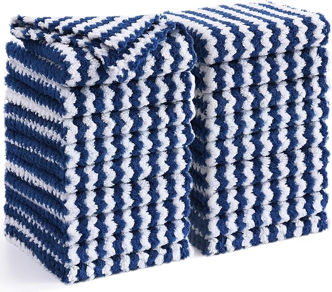 Homaxy 18 Pack Kitchen Dish Cloths, Ultra Soft and Absorbent Dish Towels, Reusable Fast Drying Microfiber Cleaning Cloth, Coral Velvet Wave Design No-lint, 10 x 10 inches, Navy Blue