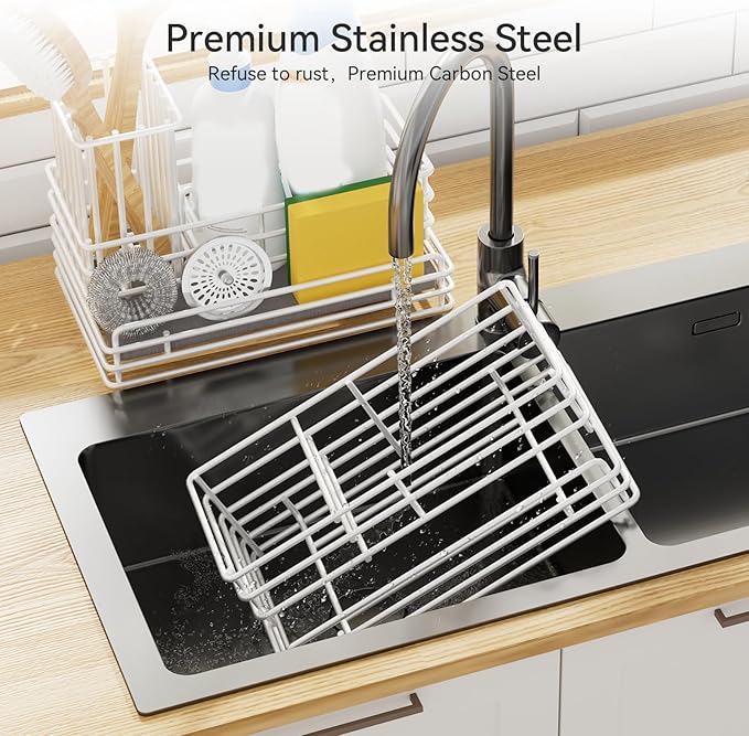 Yofidra Sponge Holder for Kitchen Sink Organizer Caddy: Sink Sponge with Instant Drying Stone, Metal Stainless Steel Basket Home Decor Storage and Organization Accessories 9.5" X 5.5" X 5.7" (White)