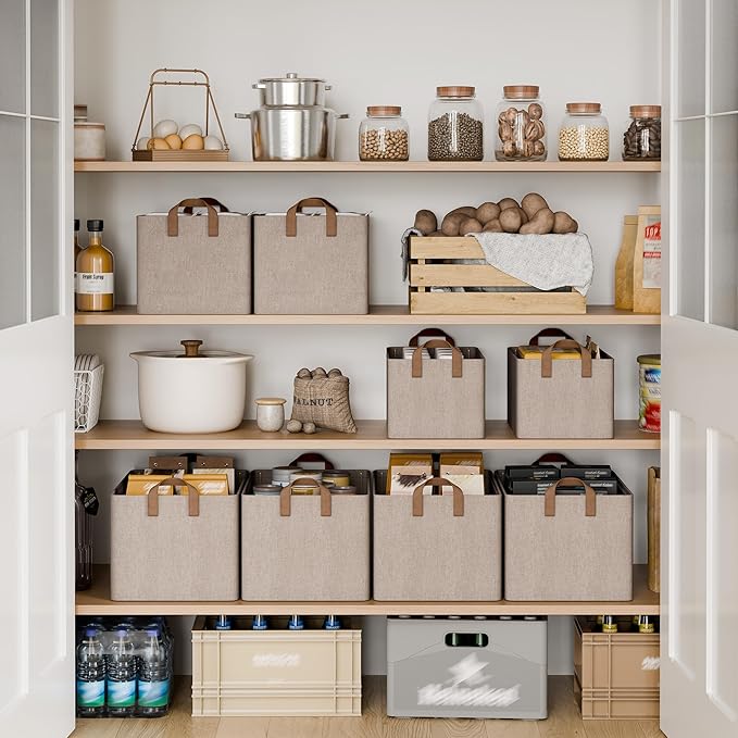 StorageWorks Storage Bins, Fabric Storage Bins for Shelves, Large Storage Baskets with Metal Frame, Closet Baskets and Bins with Handles, Brown and Beige, 2-Pack