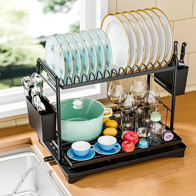 Simple Trending Dish Drying Rack, 2-Tier Dish Rack for Kitchen Counter, Large Dish Drainers Sink Organizers and Storage, Black